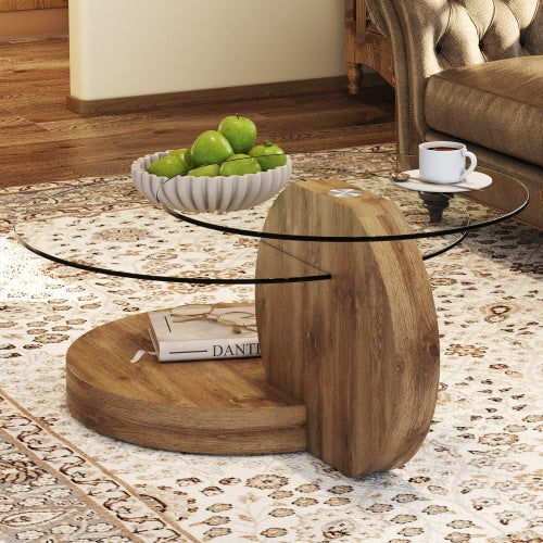 Modern And Practical Double-layer Round Table. Glass Tabletop, Wood MDF Table Legs. Suitable For Living Room and Bedroom