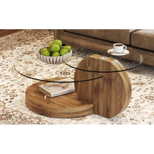Modern And Practical Double-layer Round Table. Glass Tabletop, Wood MDF Table Legs. Suitable For Living Room and Bedroom