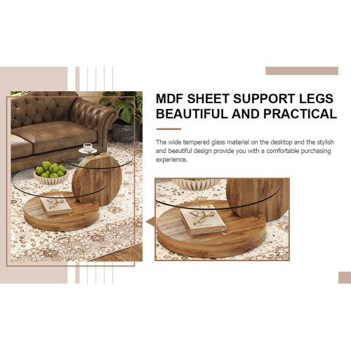 Modern And Practical Double-layer Round Table. Glass Tabletop, Wood MDF Table Legs. Suitable For Living Room and Bedroom
