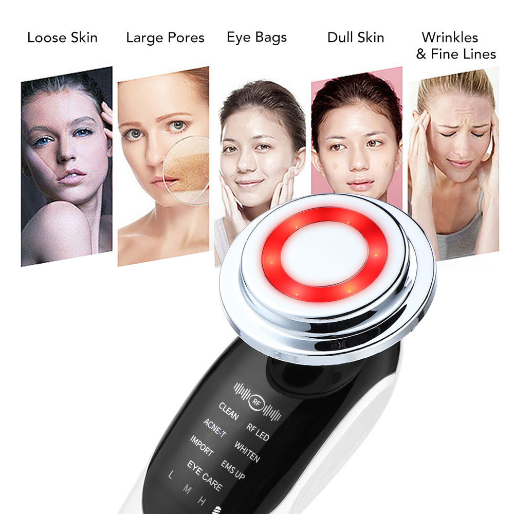7-in-1 Facial Massager with EMS Microcurrent, Color Light Therapy, Vibration, LED Beauty Features, Skin Purifying, and Care Introducing Device.