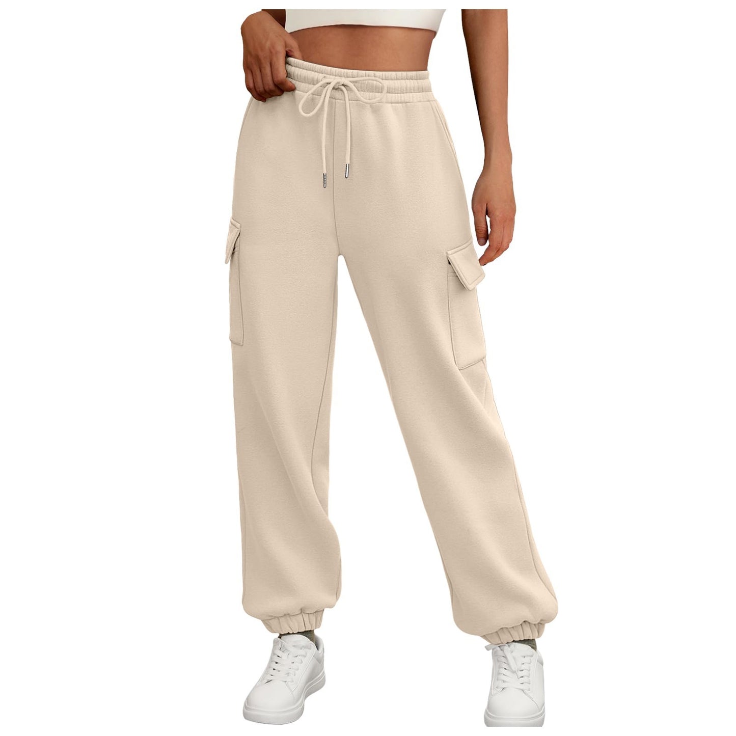 Women's fleece-lined sweatpants, baggy athletic joggers with pockets, perfect for fall. Casual and trendy cargo pants for stylish and comfortable autumn outfits.