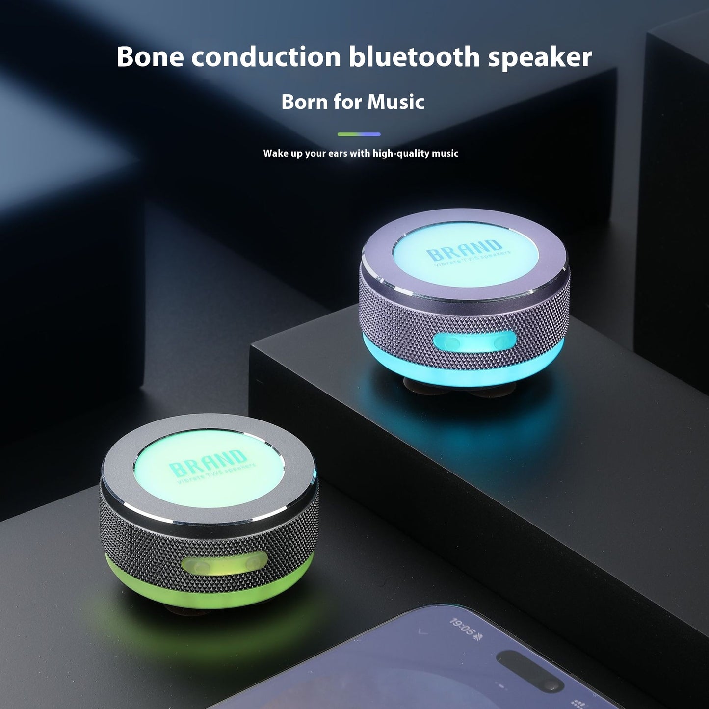 Compact wireless bone conduction speakers with Bluetooth connectivity, vibration technology, colorful LED lights, and a portable surface-adsorption design.