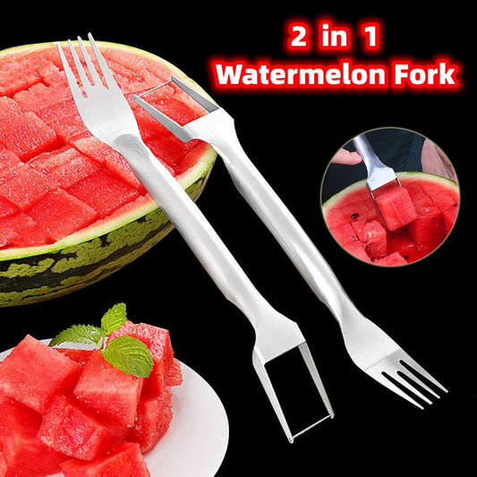 2 In 1 Watermelon Fork Slicer Multi-Purpose Stainless Steel Watermelon Slicer Cutter Kitchen Fruit Cutting Fork Fruit Divider Kitchen Gadgets