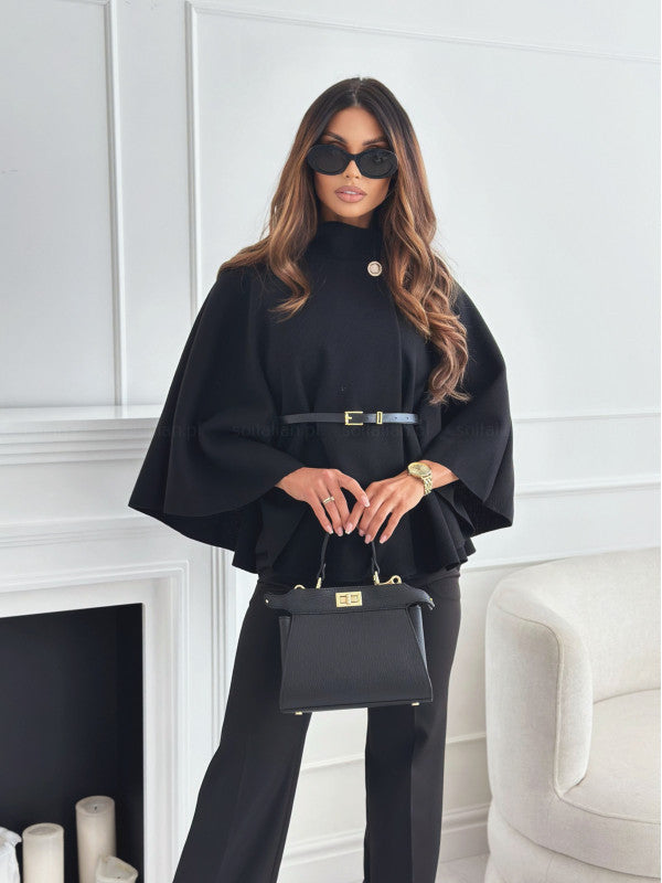 New Stand Collar Batwing Sleeves Cloak Top with Belt Ins Fashion Temperament Jacket Woolen Sweater Outwear for Women Clothing