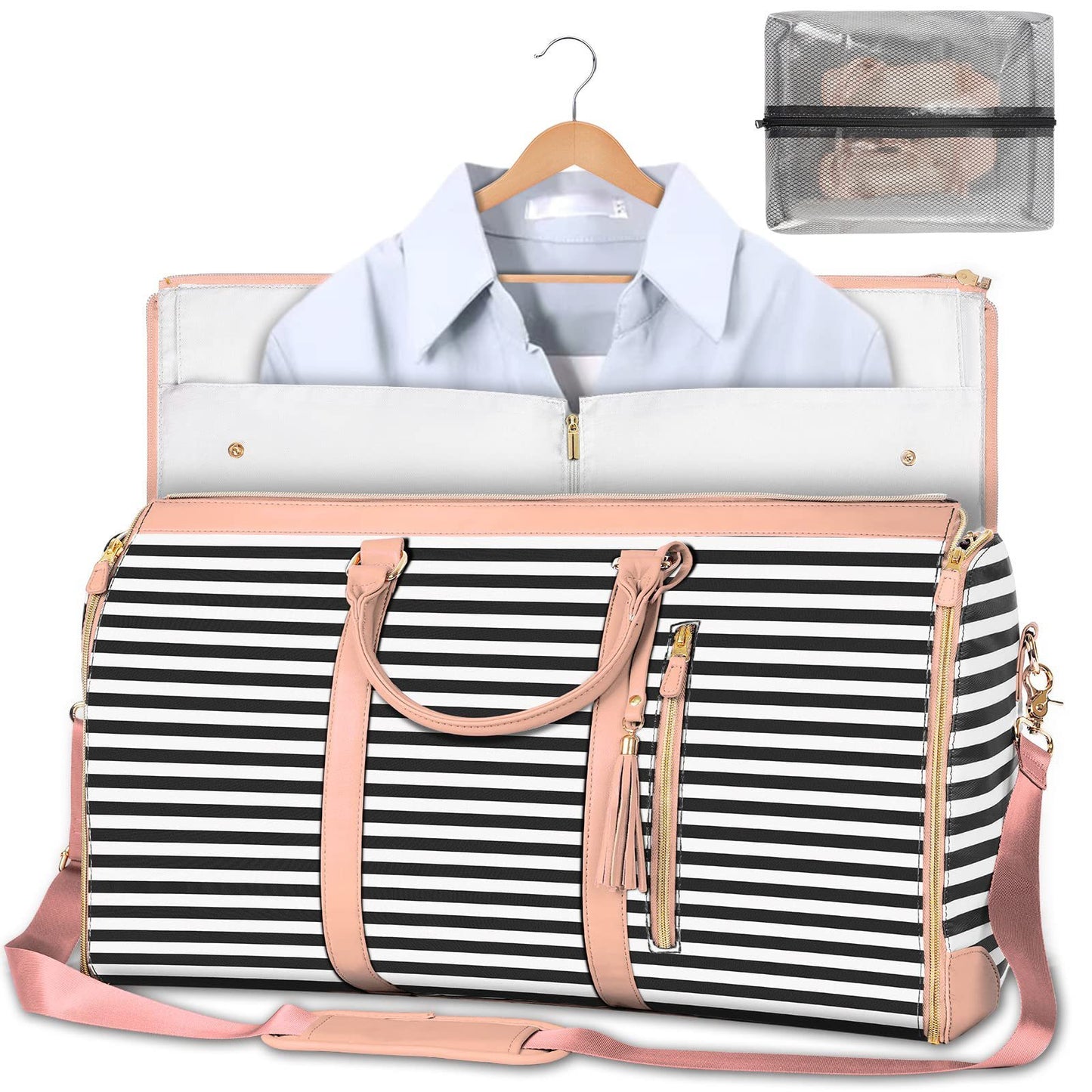 Large capacity travel duffle bag for women, featuring a folding suit bag design, waterproof material, and versatile use as a clothes tote or handbag.