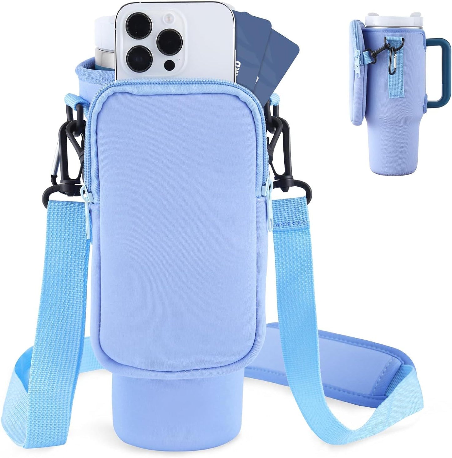 Slok Water Bottle Carrier Bag, Compatible With 40oz Tumbler with Handle, Modern Water Bottle Holder with Simple Adjustable Strap for Outdoor Walking Hiking Travelling Sports-Blue Purple