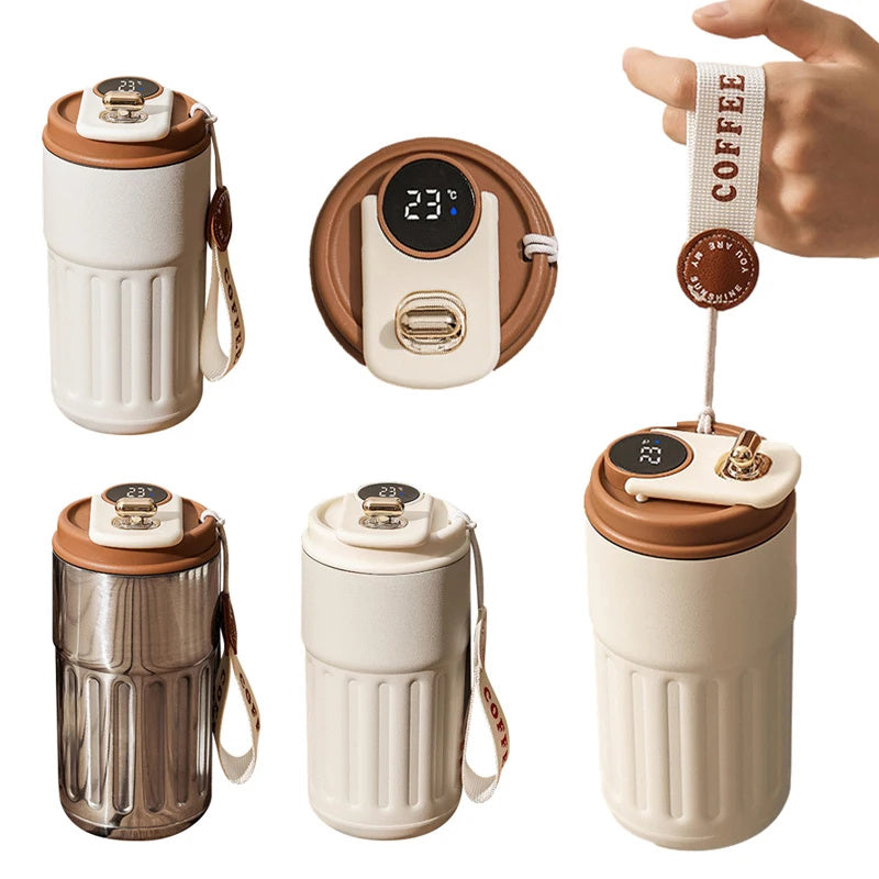 Smart digital thermal bottle, portable coffee mug, stainless steel water bottle, in-car insulated cup, keeps drinks cold, vacuum flask, 450ml.