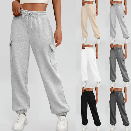 Women's fleece-lined sweatpants, baggy athletic joggers with pockets, perfect for fall. Casual and trendy cargo pants for stylish and comfortable autumn outfits.