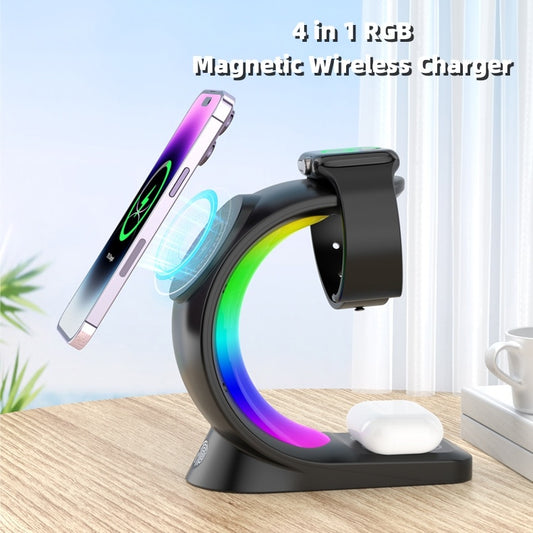 4-in-1 Magnetic Wireless Charger with Fast Charging for Smartphones, Atmosphere Light Charging Station for AirPods Pro, iPhone, and Apple Watch.