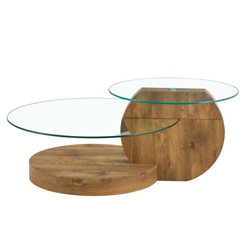 Modern And Practical Double-layer Round Table. Glass Tabletop, Wood MDF Table Legs. Suitable For Living Room and Bedroom