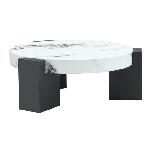 Modern Simple Double-Layer Round Coffee Table - Transparent Gray Glass Top with Black MDF L-Shaped Legs. The Detachable Design Can Make the Use of Space More Flexible