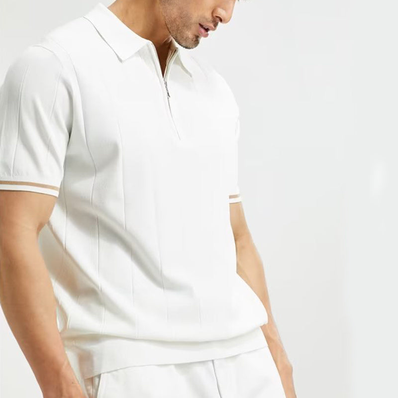 Fashion short-sleeved polo shirt with a summer lapel and zipper design, perfect as a stylish T-shirt top for men's clothing.
