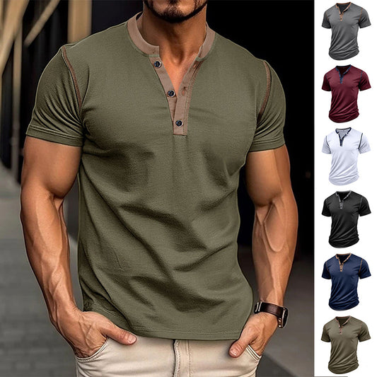 Fashionable short-sleeved polo shirts with a summer vibe, featuring buttoned V-neck designs, perfect for men's casual clothing.