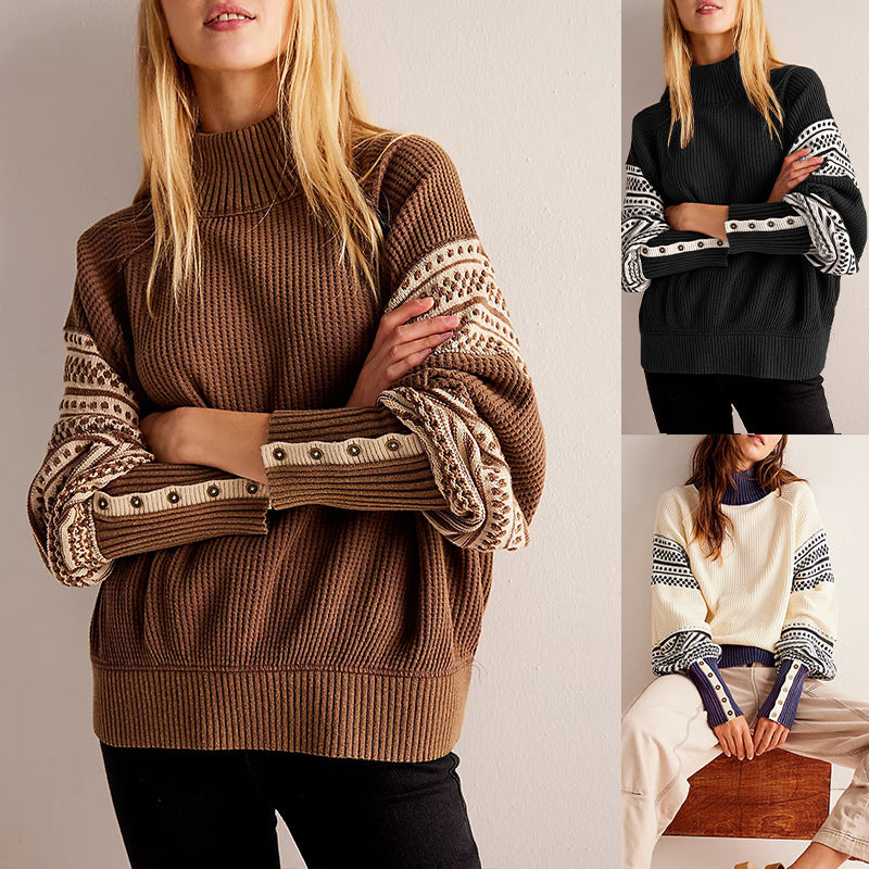Multi-colored half-turtleneck fashion pullover, perfect for cross-border European and American women's clothing styles.