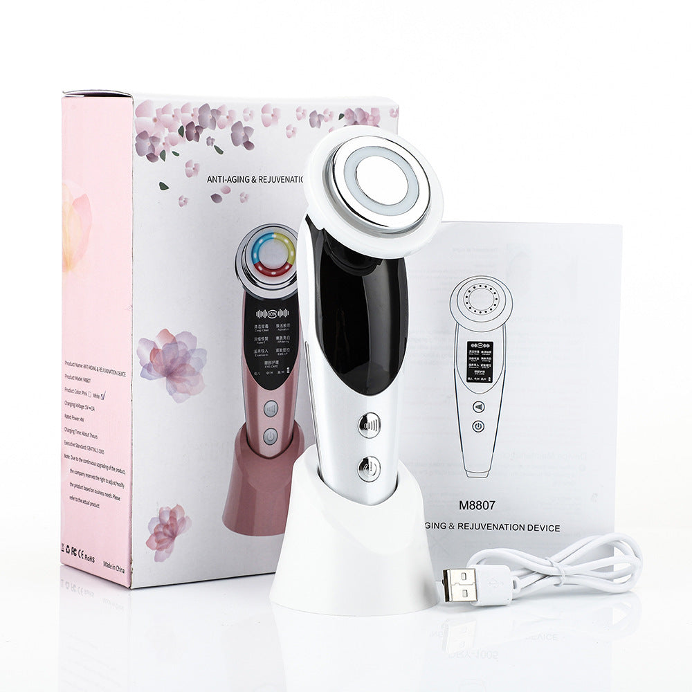 7-in-1 Facial Massager with EMS Microcurrent, Color Light Therapy, Vibration, LED Beauty Features, Skin Purifying, and Care Introducing Device.