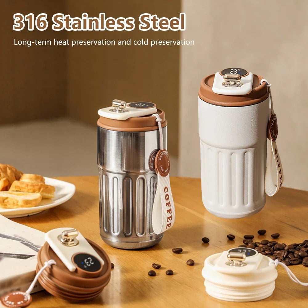 Smart digital thermal bottle, portable coffee mug, stainless steel water bottle, in-car insulated cup, keeps drinks cold, vacuum flask, 450ml.