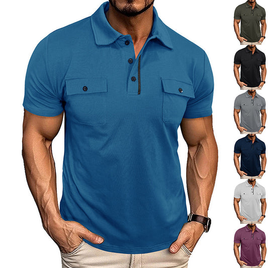 Summer Lapel Button Polo Shirt with Pockets Outdoor Fashion Short Sleeve Tops for Men Clothing