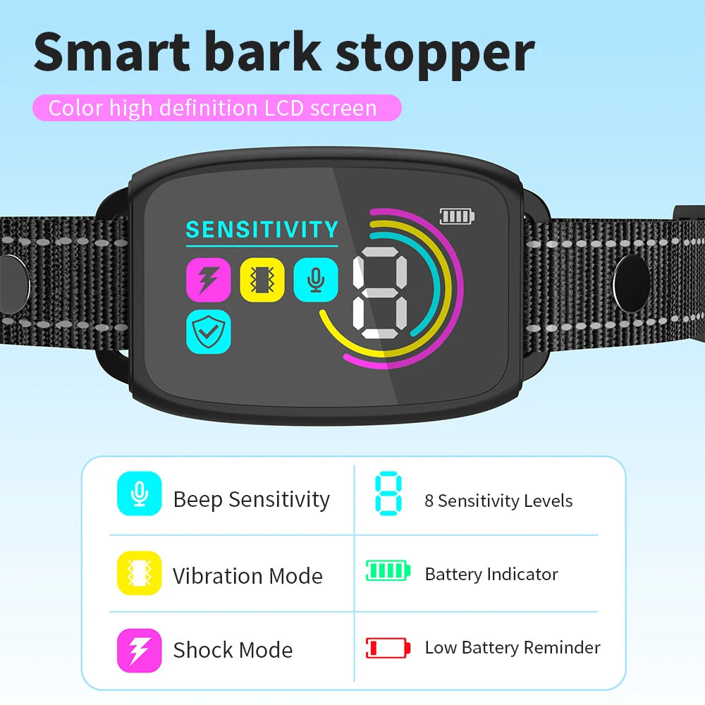 Smart Automatic Anti Barking Dog Collar Rechargeable Bark Stopper Stop Barking HD Digital Display IP67 Waterproof Collar for Dogs Pet Products