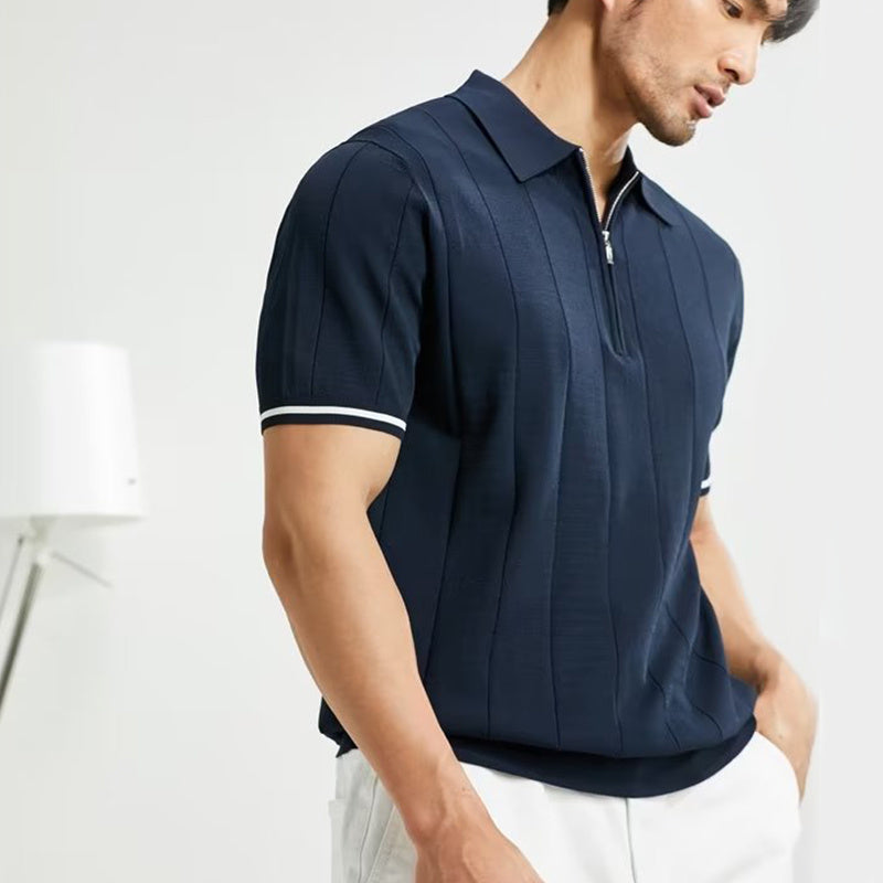 Fashion short-sleeved polo shirt with a summer lapel and zipper design, perfect as a stylish T-shirt top for men's clothing.