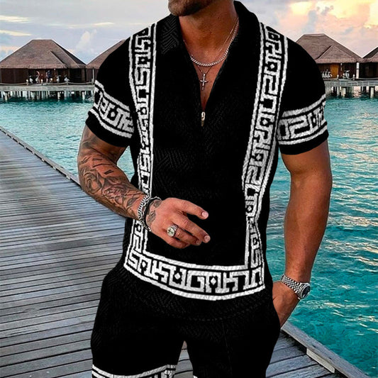 Men's Summer Fashion Set: 3D Printed Geometric Short Sleeve Zip Lapel Shirt.