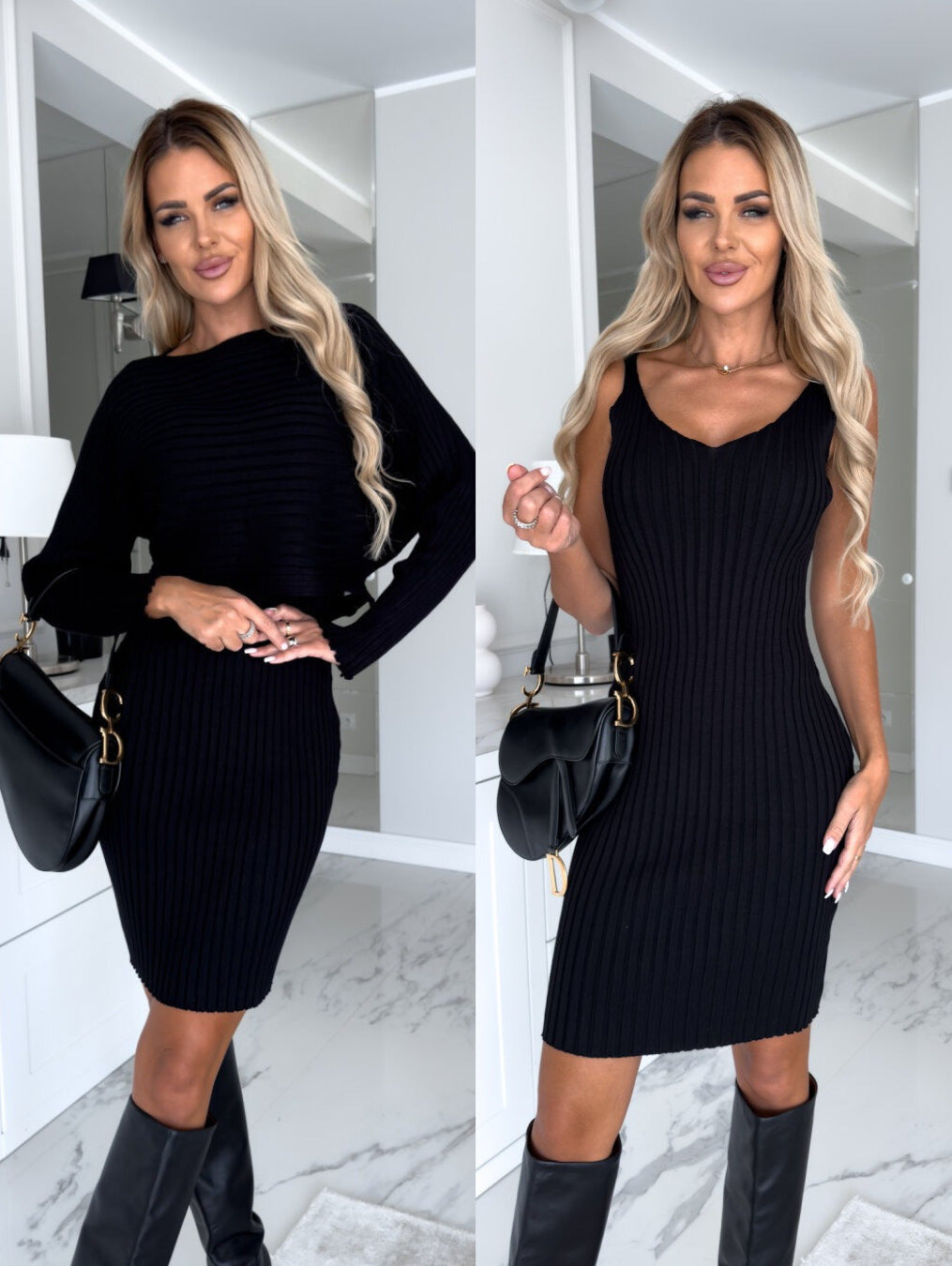 2-piece Suit: Women's Solid Striped Long-Sleeved Top and Fitted Suspender Skirt, Perfect for Fashionable Autumn and Winter Slim Outfits.