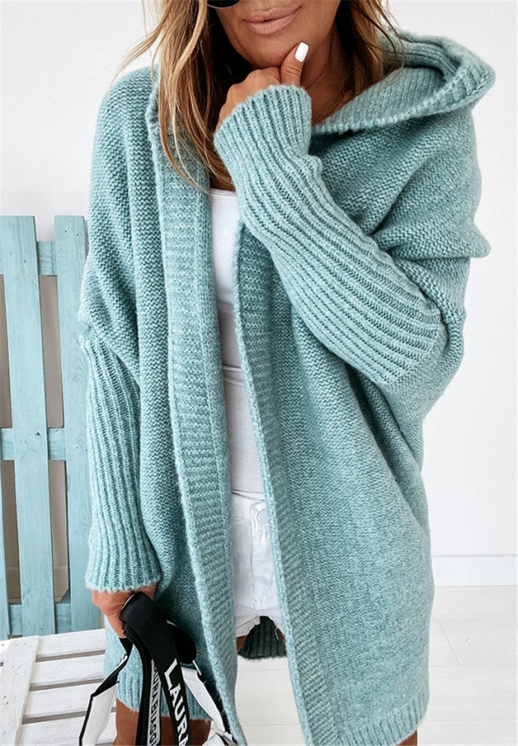 Fashion Bat-Sleeve Hooded Cardigan, Oversized Loose-Fit, Solid Color Sweater for Women’s Clothing.
