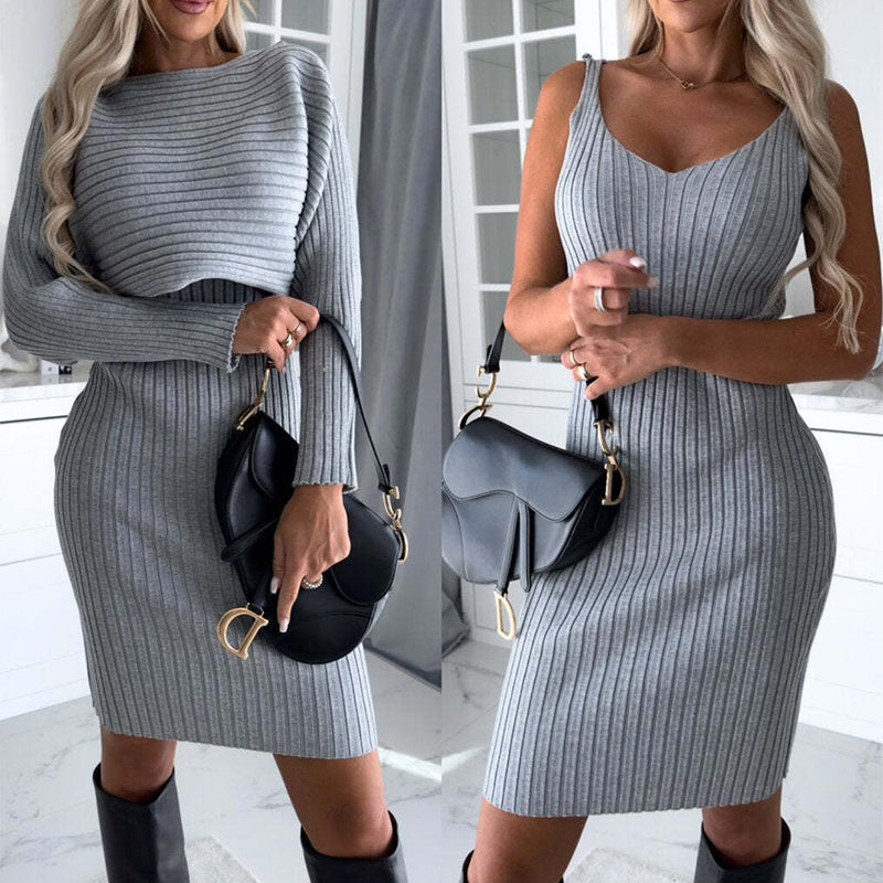 2-piece Suit: Women's Solid Striped Long-Sleeved Top and Fitted Suspender Skirt, Perfect for Fashionable Autumn and Winter Slim Outfits.