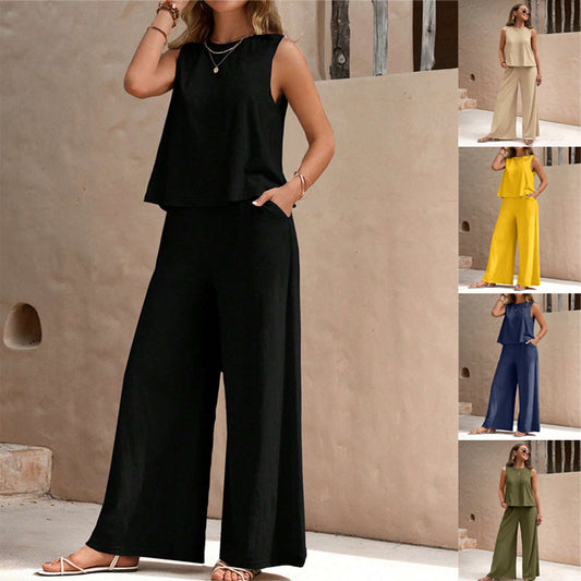Solid Color Casual Loose Pants Sets for Women Elegant Spring Summer Women's Two Pieces Suit Full Trouser Set Female Outfit Clothes