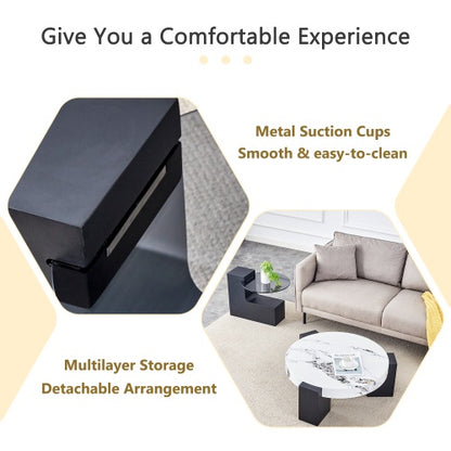 Modern Simple Double-Layer Round Coffee Table - Transparent Gray Glass Top with Black MDF L-Shaped Legs. The Detachable Design Can Make the Use of Space More Flexible