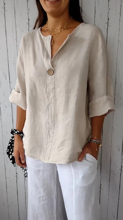 V-neck long-sleeved T-shirt, fashionable loose-fit cotton and linen button-up top for women.