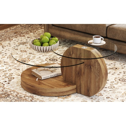 Modern And Practical Double-layer Round Table. Glass Tabletop, Wood MDF Table Legs. Suitable For Living Room and Bedroom