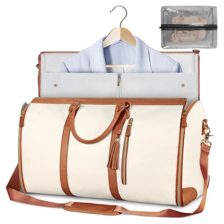 Large capacity travel duffle bag for women, featuring a folding suit bag design, waterproof material, and versatile use as a clothes tote or handbag.