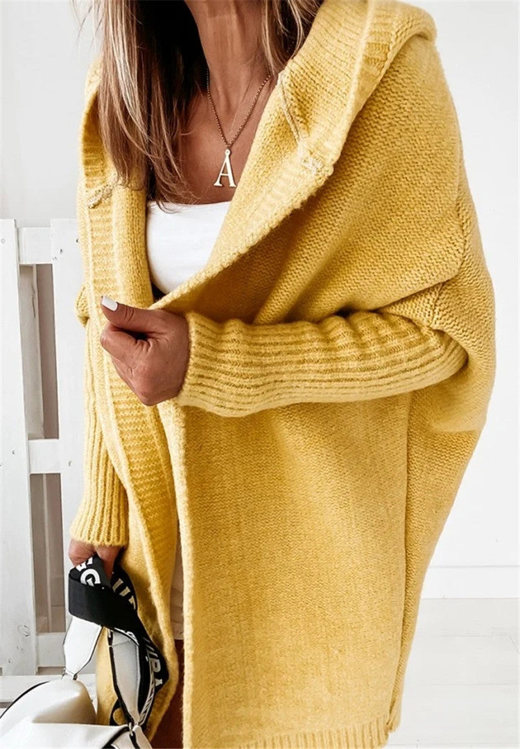 Fashion Bat-Sleeve Hooded Cardigan, Oversized Loose-Fit, Solid Color Sweater for Women’s Clothing.