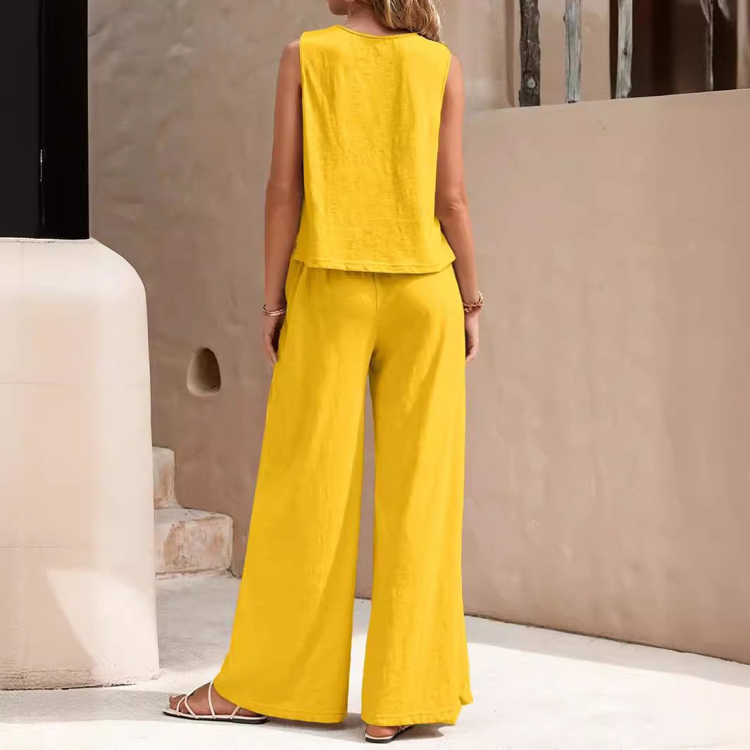 Solid Color Casual Loose Pants Sets for Women Elegant Spring Summer Women's Two Pieces Suit Full Trouser Set Female Outfit Clothes
