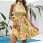 New Flowers Print Halter neck Dress Summer Fashion Temperament Lace-up Ruffled Dresses for Women