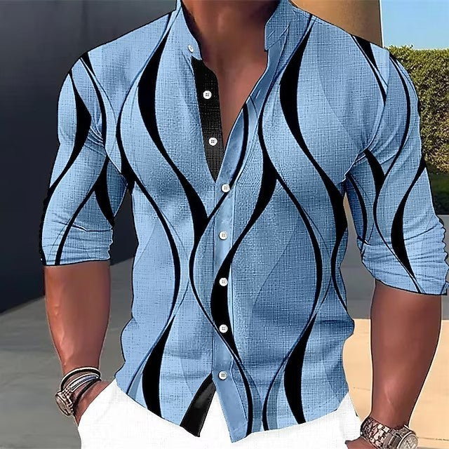 Summer New Plus Size Men's Casual Slim-Fit Fashion 3D Printed Long-Sleeve Shirt