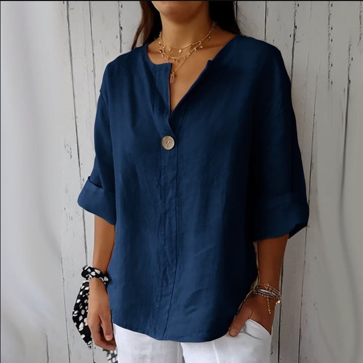 V-neck long-sleeved T-shirt, fashionable loose-fit cotton and linen button-up top for women.