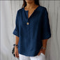 V-neck long-sleeved T-shirt, fashionable loose-fit cotton and linen button-up top for women.