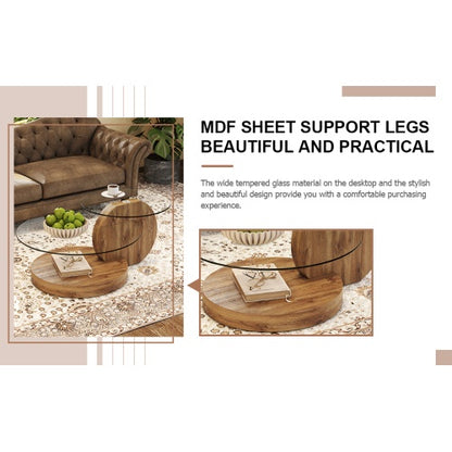 Modern And Practical Double-layer Round Table. Glass Tabletop, Wood MDF Table Legs. Suitable For Living Room and Bedroom