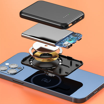 Mini Fast-Charging Magnetic Wireless Power Bank, 5000mAh, Portable.