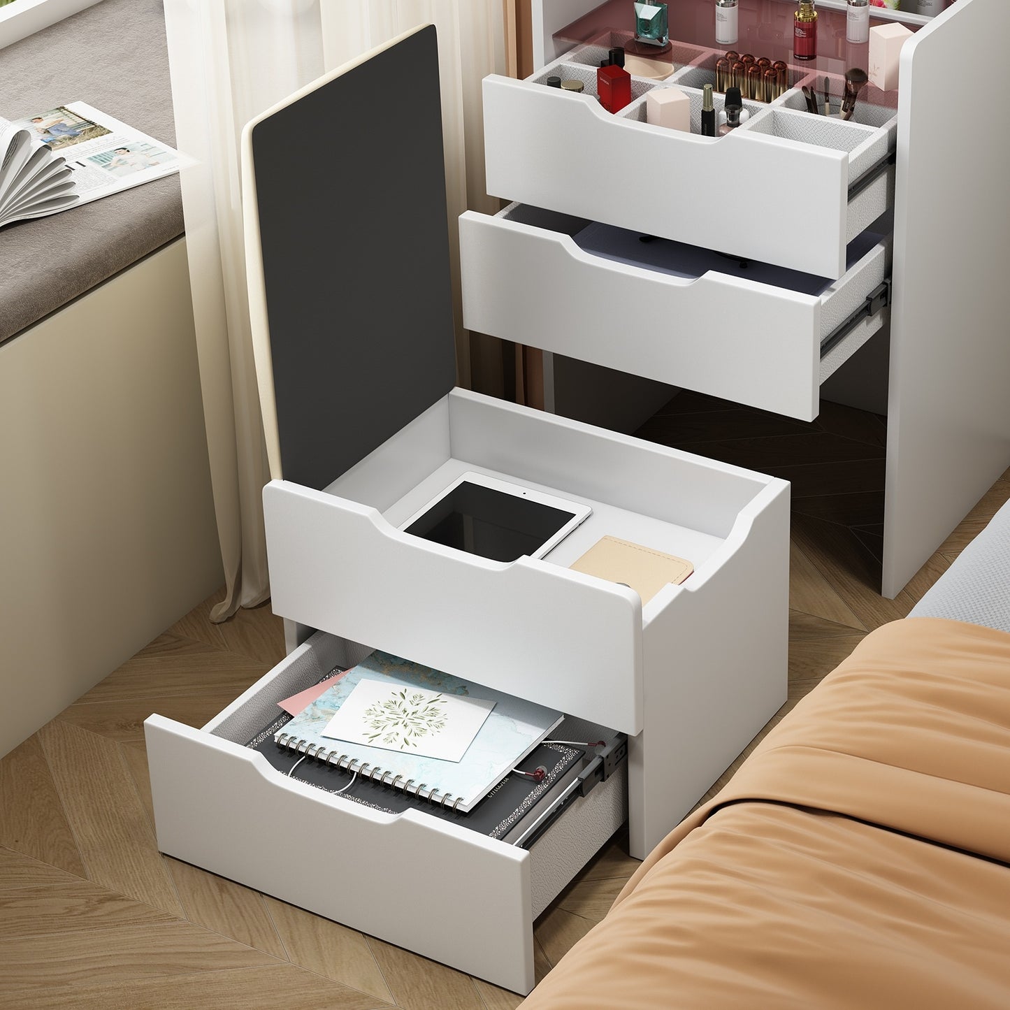 3 In 1 Vanity Desk with Plip Top Mirror, Small Make Up Vanity Set with Visible Glass Desktop, Compact
