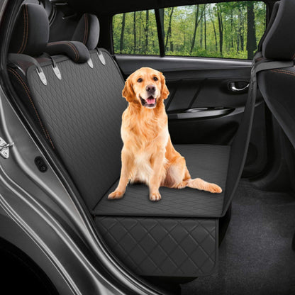 Dog car seat cover with view mesh, pet carrier hammock, safety protector, rear back seat mat featuring a zipper and pocket, perfect for travel.