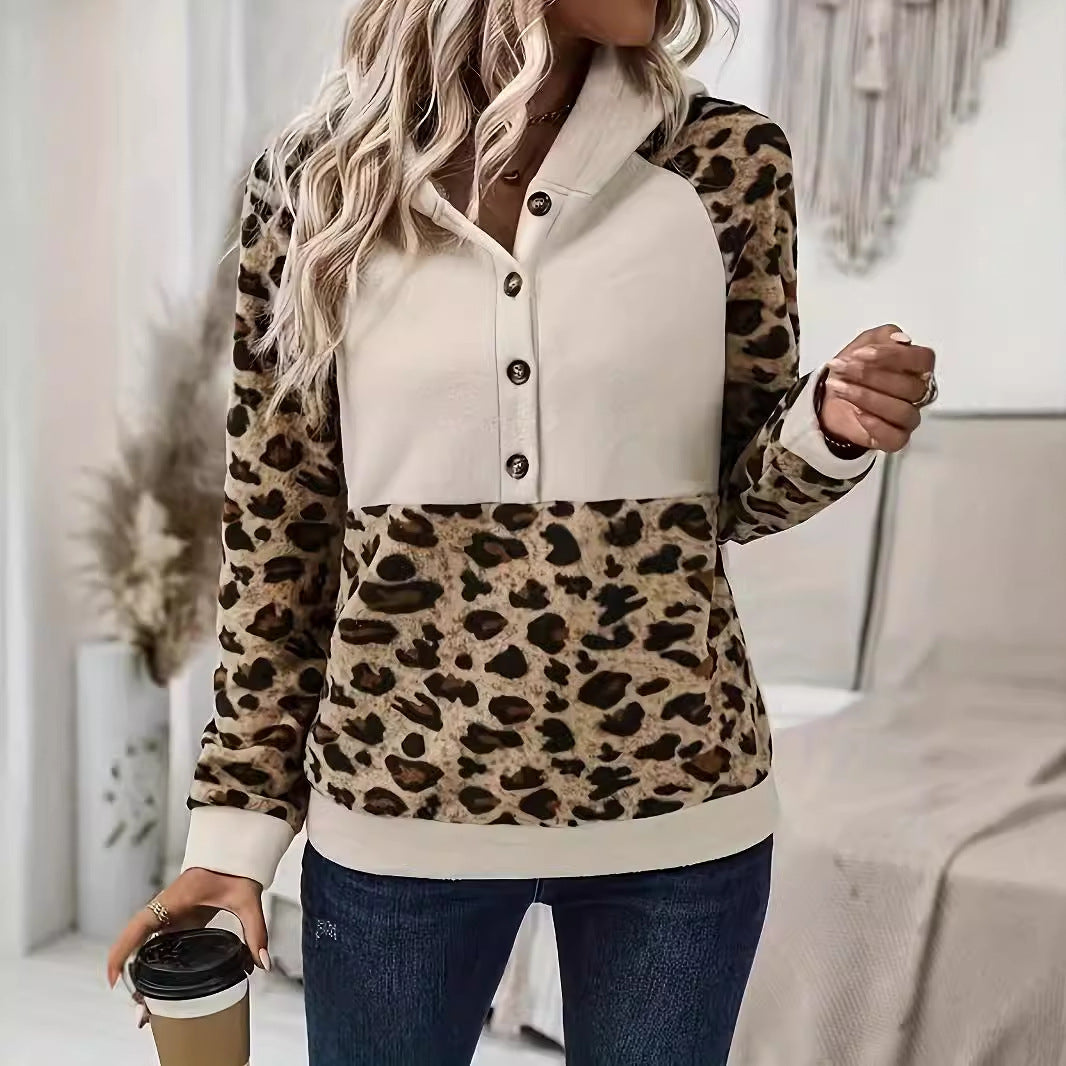 Leopard print stitched sleeves hooded long-sleeve sweatshirt.