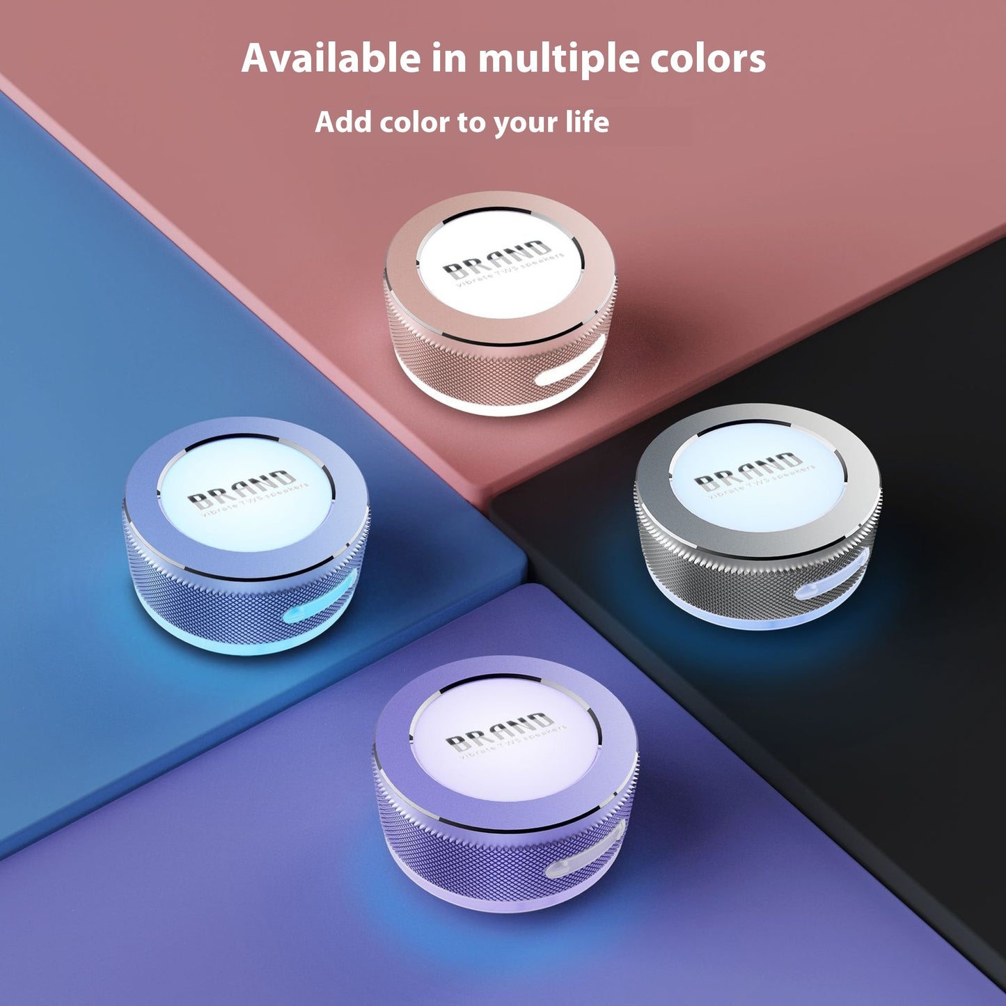 Compact wireless bone conduction speakers with Bluetooth connectivity, vibration technology, colorful LED lights, and a portable surface-adsorption design.