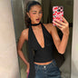 Deep V-neck halter tops are a trendy summer fashion choice, capturing the Y2K aesthetic with their sleeveless design and stylish appeal for women's clothing.