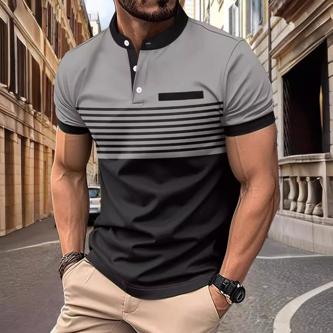 Multicolor Printed Striped Stand Collar Men's Top