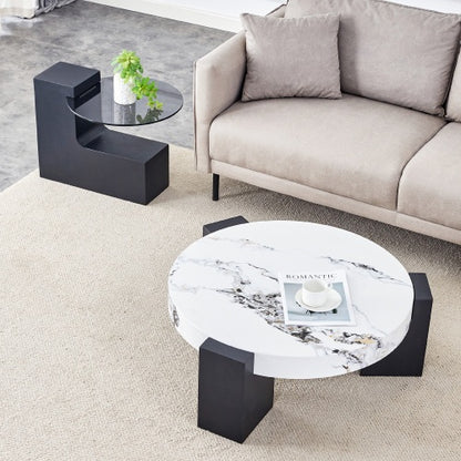 Modern Simple Double-Layer Round Coffee Table - Transparent Gray Glass Top with Black MDF L-Shaped Legs. The Detachable Design Can Make the Use of Space More Flexible