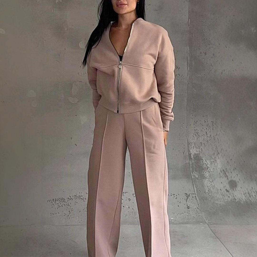 Women's Sports Suit with Zipper Jacket and Wide-Leg Pants Two-Piece Set