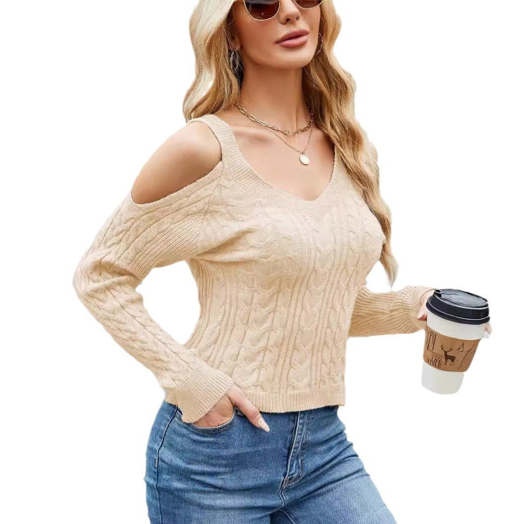 Shoulder-Baring Solid Color Cable-Knit Long Sleeve Sweater for Women