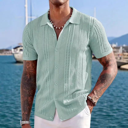 Men's Short-sleeved Knitted Cardigan, Solid Color, Breathable Design.